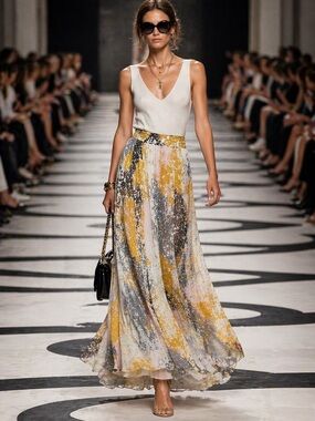 Diane Von Furstenberg DVF Abstract Maxi Skirt Size M Flowing Designer Luxury